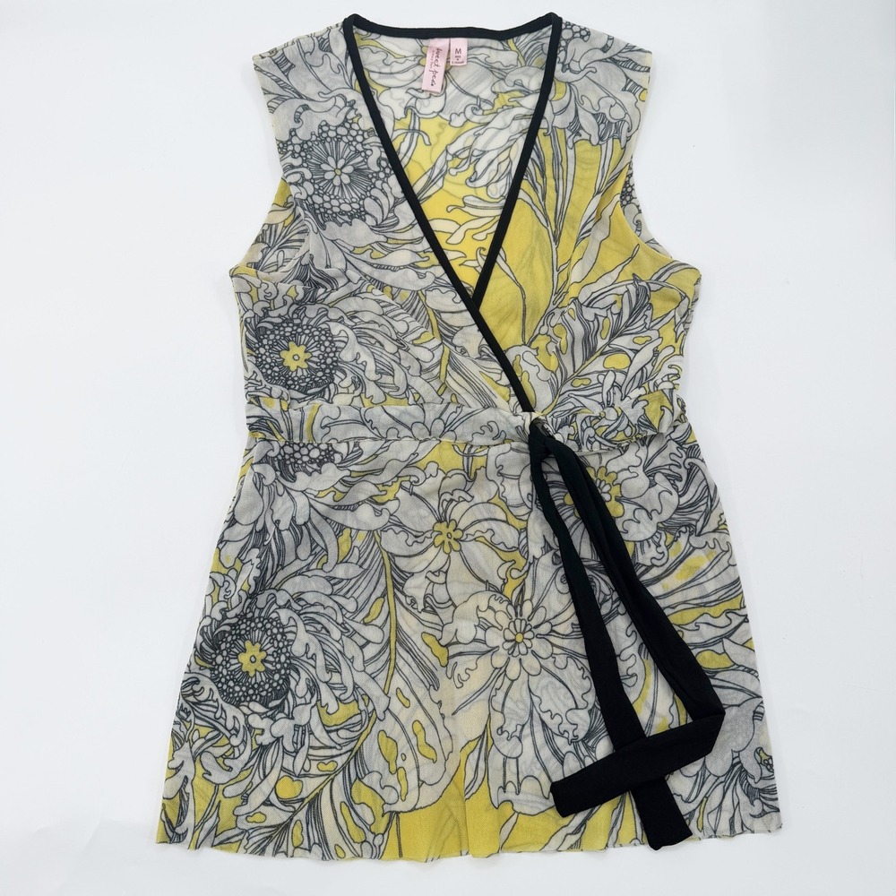 Vintage Y2K Micromesh Babydoll Tank in Yellow Black White Floral Size M